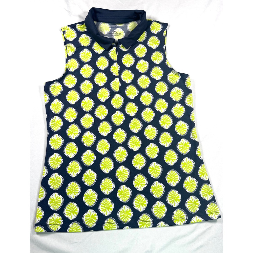 Tommy Bahama Golf Womens Sleeveless Polo Shirt Navy Lime Green Tropical Print M